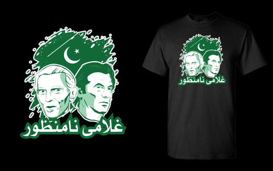 Ghulami Namanzoor T-Shirt – Urdu Design with Jinnah & Imran Khan