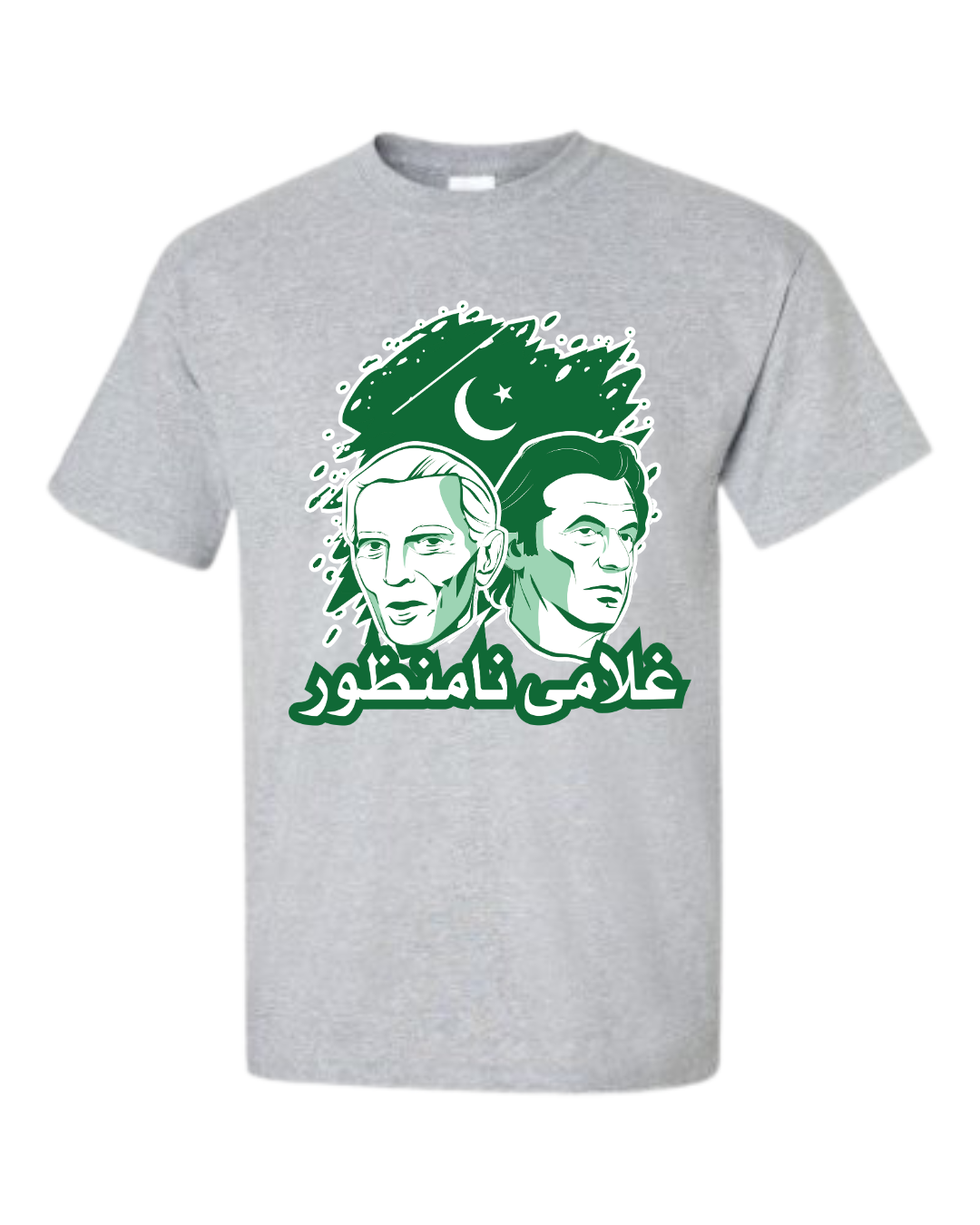 Ghulami Namanzoor T-Shirt – Urdu Design with Jinnah & Imran Khan