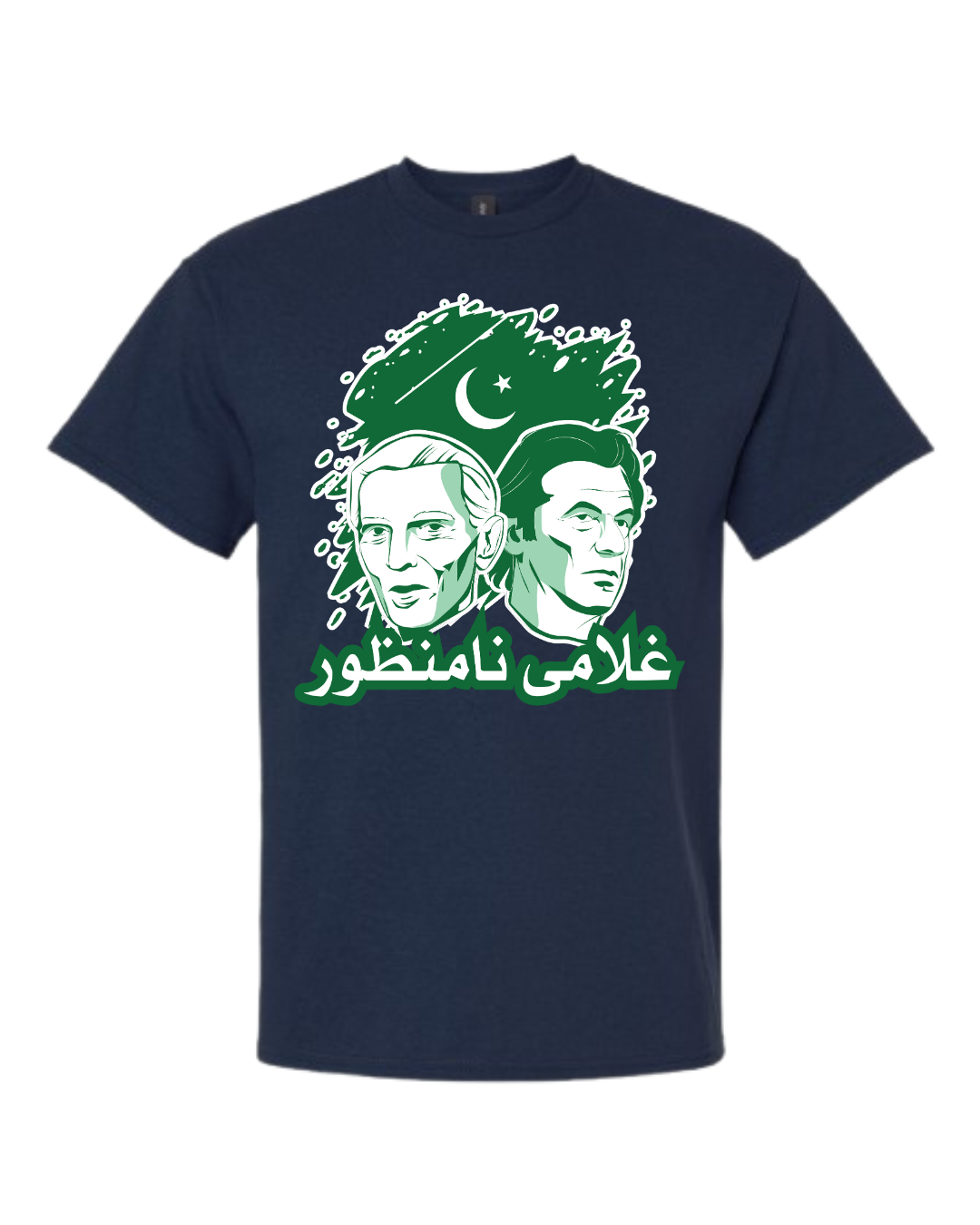 Ghulami Namanzoor T-Shirt – Urdu Design with Jinnah & Imran Khan