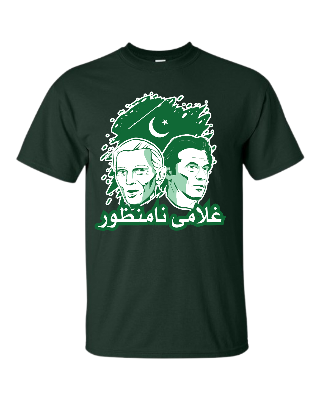 Ghulami Namanzoor T-Shirt – Urdu Design with Jinnah & Imran Khan