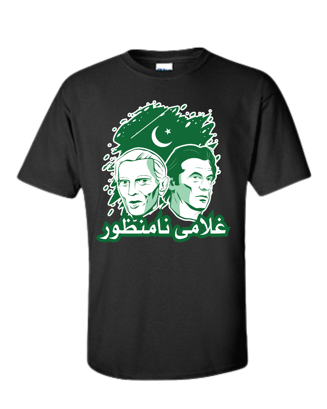 Ghulami Namanzoor T-Shirt – Urdu Design with Jinnah & Imran Khan